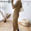 Side Split Knitting Dress Woman High Collar Winter Gray Chic Elegant Long Sweater Dresses Korean Single Breasted Knitwear