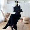 Side Split Knitting Dress Woman High Collar Winter Gray Chic Elegant Long Sweater Dresses Korean Single Breasted Knitwear