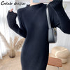 Side Split Knitting Dress Woman High Collar Winter Gray Chic Elegant Long Sweater Dresses Korean Single Breasted Knitwear