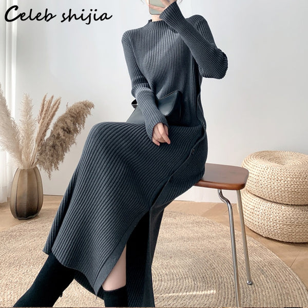 Side Split Knitting Dress Woman High Collar Winter Gray Chic Elegant Long Sweater Dresses Korean Single Breasted Knitwear