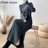 Side Split Knitting Dress Woman High Collar Winter Gray Chic Elegant Long Sweater Dresses Korean Single Breasted Knitwear