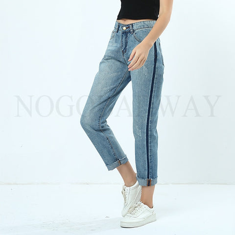 Side Stripe Boyfriend Jeans For Women Autumn Summer Straight Denim Pants Woman Casual Fashion Washed Blue Trousers Ladies Bottom