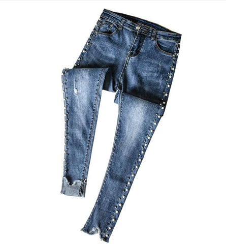 Side beading pearls denim jeans Women embroidered flares ripped jeans pants 2022 Summer fashion new cowboy pencil pants femme