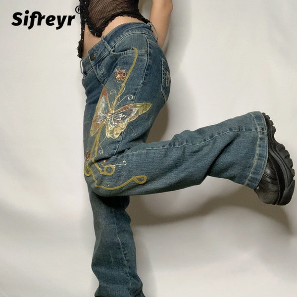 Sifreyr Butterfly Print Baggy Jeans Women Autumn Low Waist Denim Flare Pants Harajuku Streetwear Vintage Y2k Fairy Grunge Jeans