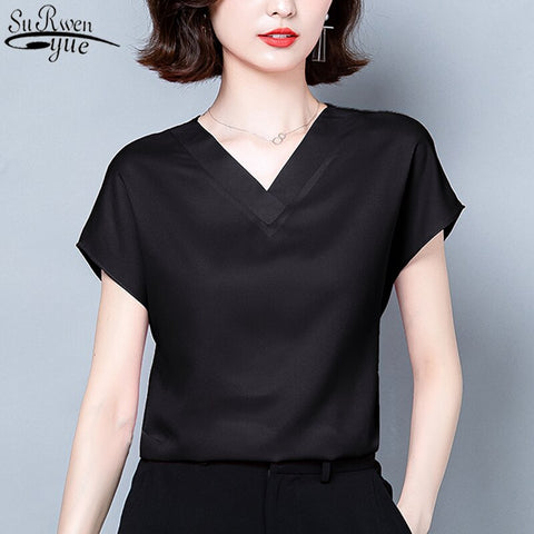 Silk Short Sleeve Blouse Woman Solid Colors Bottoming Woman's Shirts Office Lady Style Korean Plus Size 4XL Blusas 10297