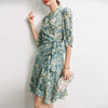 Silk dress medium length women's 2022 summer elegant Ruffle print crepe de Chine 7 / 3 sleeve silk skirt