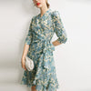 Silk dress medium length women's 2022 summer elegant Ruffle print crepe de Chine 7 / 3 sleeve silk skirt