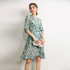 Silk dress medium length women's 2022 summer elegant Ruffle print crepe de Chine 7 / 3 sleeve silk skirt