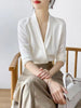 Silk white shirt female in the spring and autumn 2023 chic black mulberry silk v-neck blouse senior professional suit collar