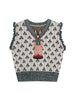 Simple Cropped Knitted Sweater Vest Cartoon Print V-neck Sleeveless Pullover Sweater Women All-match Loose Student Sweater Vest