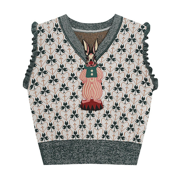 Simple Cropped Knitted Sweater Vest Cartoon Print V-neck Sleeveless Pullover Sweater Women All-match Loose Student Sweater Vest