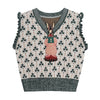 Simple Cropped Knitted Sweater Vest Cartoon Print V-neck Sleeveless Pullover Sweater Women All-match Loose Student Sweater Vest