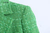 Simple Green Plaid Tweed Notched Double-Breasted Fitted Blazers Female England Style Pockets Short Coats