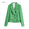 Simple Green Plaid Tweed Notched Double-Breasted Fitted Blazers Female England Style Pockets Short Coats