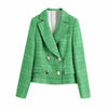 Simple Green Plaid Tweed Notched Double-Breasted Fitted Blazers Female England Style Pockets Short Coats
