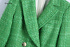 Simple Green Plaid Tweed Notched Double-Breasted Fitted Blazers Female England Style Pockets Short Coats
