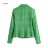 Simple Green Plaid Tweed Notched Double-Breasted Fitted Blazers Female England Style Pockets Short Coats
