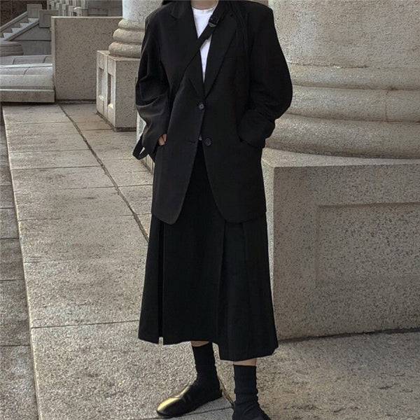 Simple Solid Black Minimalist Suit for Ladies Suit Set Pleated Adjusatble Black Vinatge Skirt Elegant Autumn Skirt Set