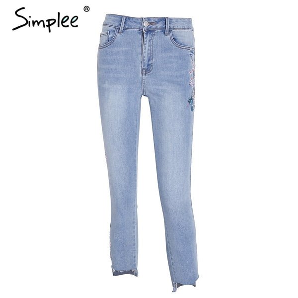 Bird floral embroidery jeans female Casual high waist jeans calf length pants Light blue long denim pants women
