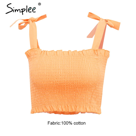 Casual elastic tie up straps crop top women Stretch ruffle bow print sexy camis tops 2022 summer beach dot tank femme