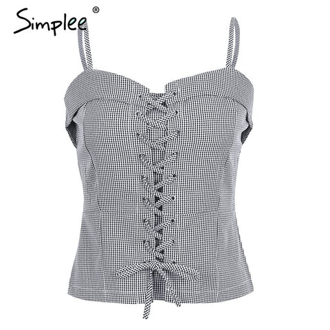 Casual lace up strap camisole tank top women Backless zipper elastic cropped female Streetwear plaid cami 2022 autumn