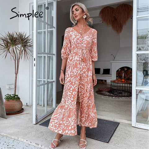 Simplee Casual printed spring women Maxi dress High-waist V-neck lace-up beach Vestidos  loose buttoned A-line dress 2022