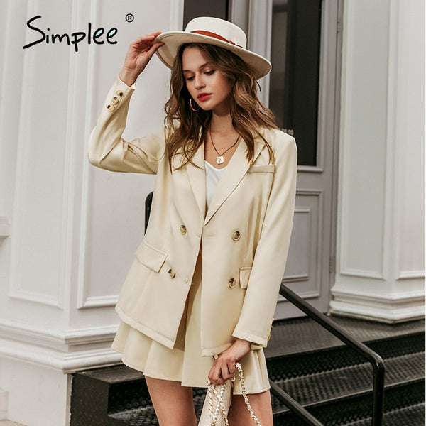 Simplee Casual single button solid blazer Women's Sets Mid waist A-line skirt two piece set women 2 Piece skirt sets