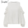 Cold shoulder o neck white shirt women Ruffles mesh long sleeve sexy blouse 2022 Autumn button casual chiffon blusas