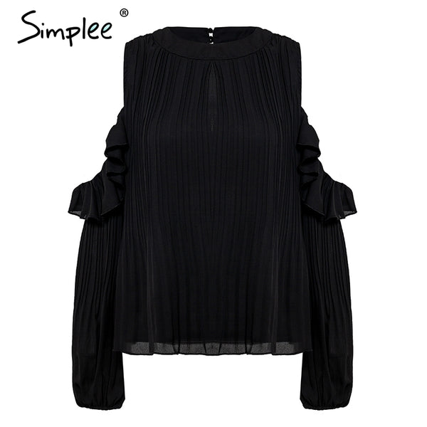 Cold shoulder o neck white shirt women Ruffles mesh long sleeve sexy blouse 2022 Autumn button casual chiffon blusas