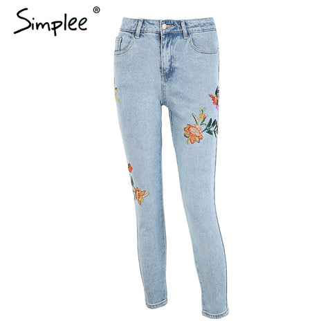 Floral embroidery women jeans pants Casual high waist jeans femme Light blue denim skinny jenas pencil trousers 2022