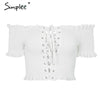 Off shoulder print sexy tank top Ruching ruffle lace up tops tee women Short sleeve summer white camisole shirt