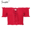 Off shoulder print sexy tank top Ruching ruffle lace up tops tee women Short sleeve summer white camisole shirt