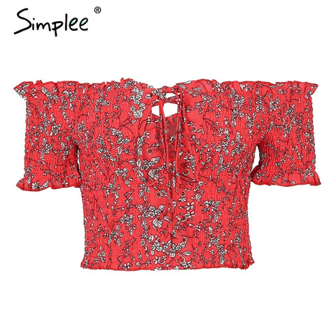 Off shoulder print sexy tank top Ruching ruffle lace up tops tee women Short sleeve summer white camisole shirt