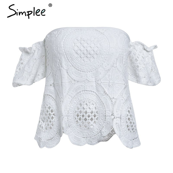 Off shoulder sexy lace crop top women Hollow out white blouse shirt 2022 Elegant flare sleeve camis summer beach tank
