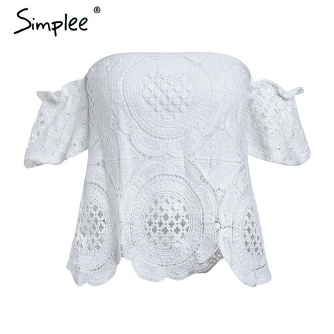 Off shoulder sexy lace crop top women Hollow out white blouse shirt 2022 Elegant flare sleeve camis summer beach tank