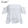 Off shoulder sexy lace crop top women Hollow out white blouse shirt 2022 Elegant flare sleeve camis summer beach tank