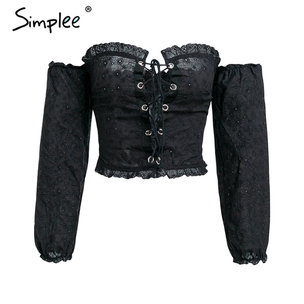 Off shoulder sexy women white shirt Lace up long sleeve hollow out blouse Streetwear fashion female blusas