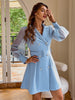 Simplee Office elegant puff sleeves belt blazer dress women blue See through lantern sleeve mini vestido V-neck tulle robbe 2023