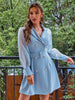 Simplee Office elegant puff sleeves belt blazer dress women blue See through lantern sleeve mini vestido V-neck tulle robbe 2023