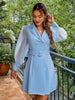 Simplee Office elegant puff sleeves belt blazer dress women blue See through lantern sleeve mini vestido V-neck tulle robbe 2023