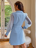 Simplee Office elegant puff sleeves belt blazer dress women blue See through lantern sleeve mini vestido V-neck tulle robbe 2023