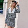 Simplee Office plaid doll collar blazer suits for women autumn Elegant checkered female suit with skirt Za pocket two piece sets