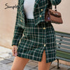 Simplee Office plaid lapel women blazer autumn Elegant high waist split female mini skirt suits  Za long sleeve suit set