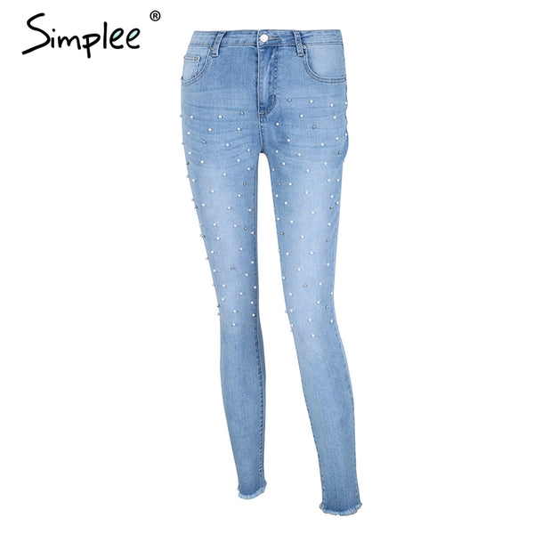 Pearl blue denim high waist jeans women Beading tassels skinny jeans streetwear pants 2022 spring pocket jeans femme