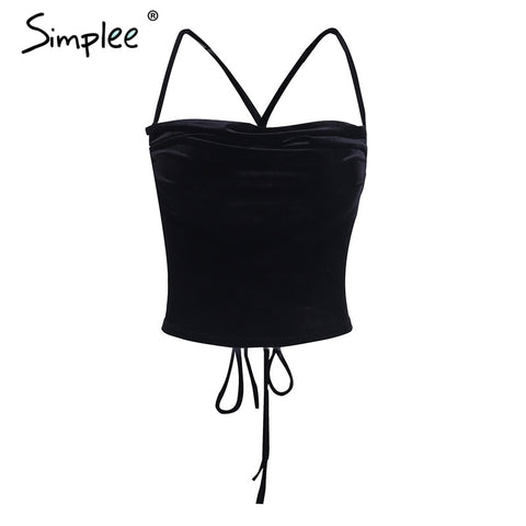 Sexy lace up crop top tees Causal velvet top camisole cropped women tank top 2022 autumn wine red cami female