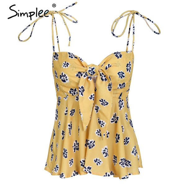 Sexy strap flower print camisole shirt women Tie up bow sweet tops tees female 2022 New beach casual summer tank top