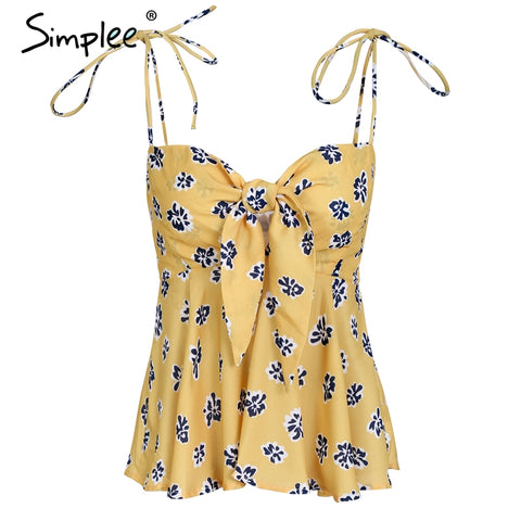 Sexy strap flower print camisole shirt women Tie up bow sweet tops tees female 2022 New beach casual summer tank top
