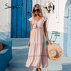 Simplee Solid Sexy V-neck Women Dress Summer Stitching Ruffled A-line Beach Dress 2022 Elegant High Waist Short Sleeve Vestidos