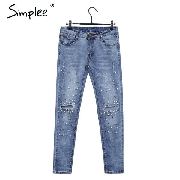 Streetwear pearl hole jeans female Casual pocket skinny pencil jean pants Destroyed ripped denim jean women trousers