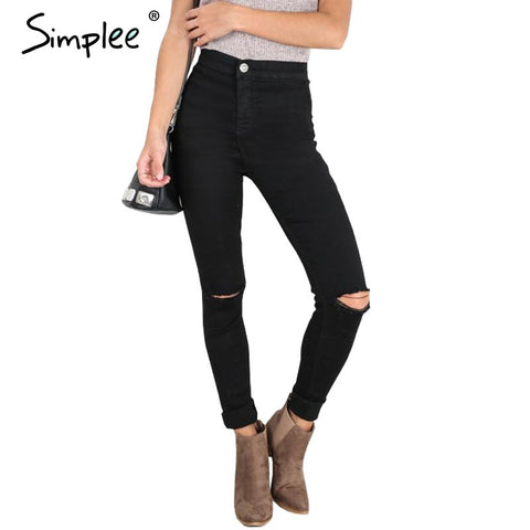 Summer style white hole ripped jeans Women jeggings cool denim high waist pants capris Female skinny black casual jeans